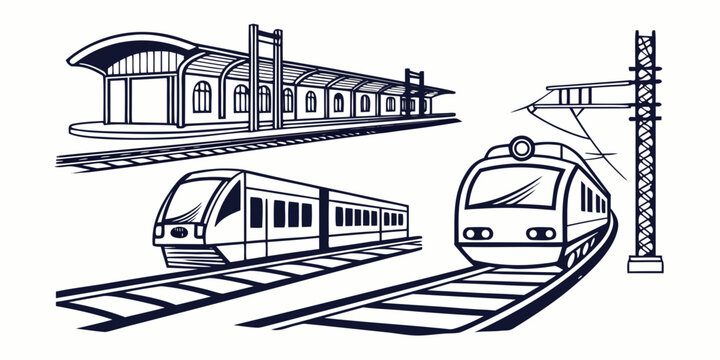 Collection of stylized modern passenger train illustrations and a railway station platform building design isolated on a white background for transit and travel concepts