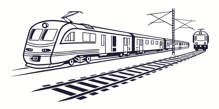 Detailed graphic of two modern electric trains traveling on parallel tracks with overhead power line infrastructure high speed electric pantograph transport carriage
