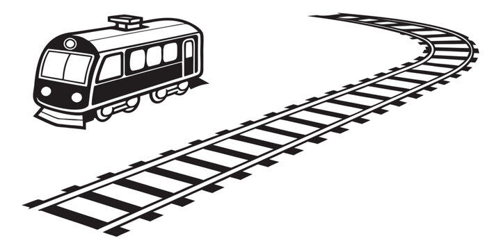 Minimalist vector illustration of a single railcar next to a long curved section of railway tracks in black and white with transport transportation illustration
