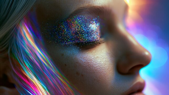 Nahaufnahme eines Frauenauges mit detailreichem, glitzerndem Lidschatten in Pink und Blau vor violettem Bokeh-Hintergrund.