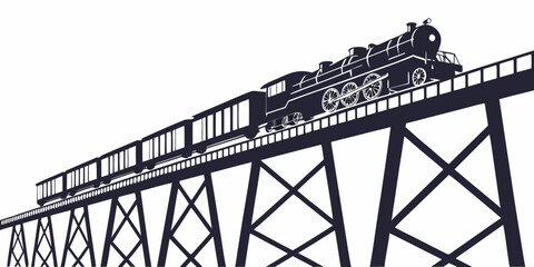 Vintage steam train locomotive and carriages traveling across a high timber trestle bridge silhouette illustration with locomotive silhouette transportation railroad © Mamun