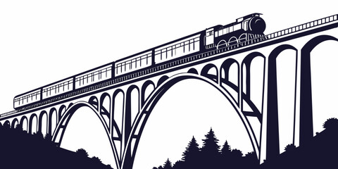 Vintage steam locomotive passenger train crossing a majestic stone arch bridge over a pine forest silhouette illustration with locomotive silhouette transportation © Mamun
