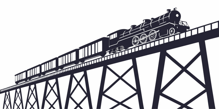 Vintage steam train locomotive and carriages traveling across a high timber trestle bridge silhouette illustration with locomotive silhouette transportation railroad