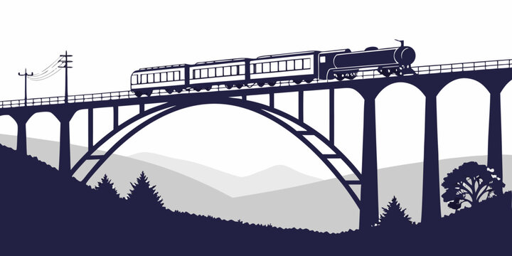 Vector silhouette of a passenger train crossing a long arched bridge over a valley landscape with hills and trees silhouette transport transportation railroad