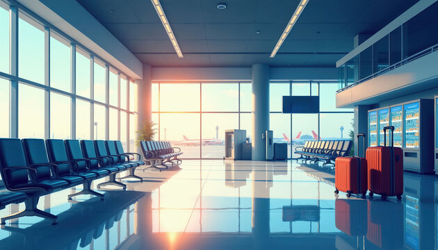 Airport departure lounge interior with empty seats rows and large windows. Red suitcases stand near vending machines. Airplanes visible on tarmac.