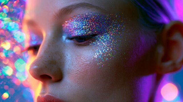 Nahaufnahme eines Frauenauges mit detailreichem, glitzerndem Lidschatten in Pink und Blau vor violettem Bokeh-Hintergrund.