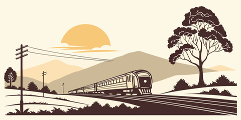 Graphic illustration of a passenger train traveling through a mountainous landscape at sunset with landscape mountain transportation locomotive railroad illustration © Mamun