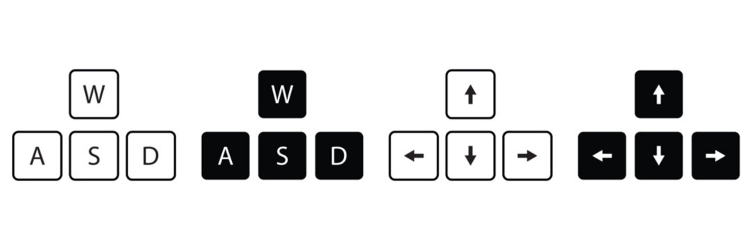 WASD and Arrow Key Direction Icon Set Vector Gaming Keyboard Controls Black and White Minimalist Line Symbols 
Editable Stroke Illustration