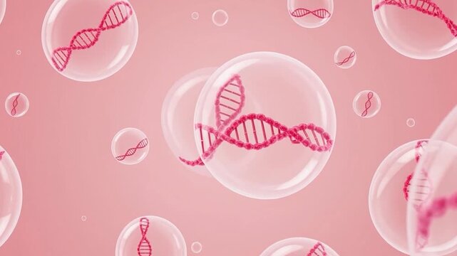 Dna double helix structures in bubbles on pink background for science and genetics concepts