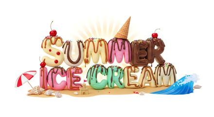 Fototapeta premium Summer ice cream word typography with beach elements, typography