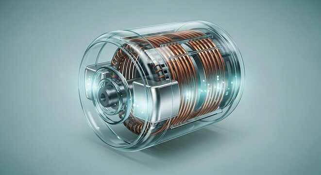 Cutaway view of electromechanical device with copper windings and transparent cylinder on blue background.