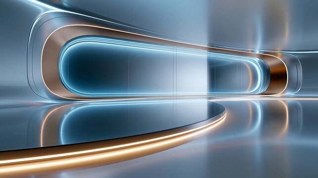 Ein futuristischer, leerer Showroom mit elegantem Podest und geschwungener orangefarbener Leuchtlinie in einem dunklen, blauen Ambiente.