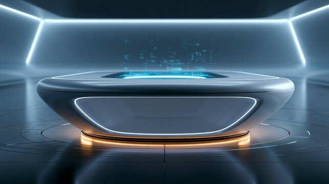Futuristischer Ausstellungsraum mit einem ovalen, wei&szlig;en Pr&auml;sentationspodest, das von LED-Lichtb&ouml;gen an der Decke und goldfarbenen Akzenten an der Basis umgeben ist.