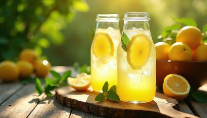 Fototapeta premium Two clear glass bottles hold refreshing lemon drinks with ice, lemon slices. Bowl of fresh lemons sits nearby, bathed in warm sunlight on wooden table. Scene evokes summer refreshment, healthy