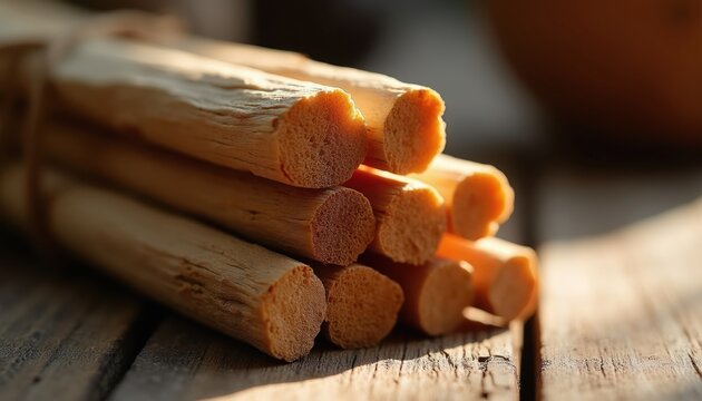 Palo santo sticks bundle on rustic wood table. Aromatic wood for smudging ritual cleansing purifying energy. Natural spiritual incense for meditation relaxation.