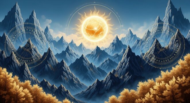 Majestic mountains with ancient runes and a radiant sun in a mystical landscape with autumn trees.