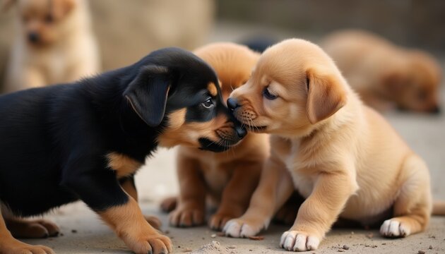 Three cute puppies play together. One black and tan puppy sniffs a light brown puppy. Another tan puppy sits behind them on ground. Young dogs interact affectionately outdoors.