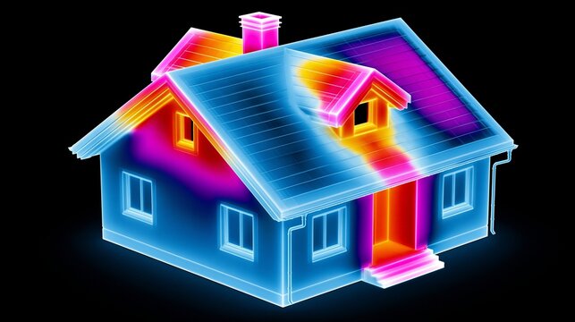 Symbolisches 3D-Modell eines kleinen Einfamilienhauses mit einer auff&auml;lligen W&auml;rmebilddarstellung in Rot und Blau auf schwarzem Hintergrund.