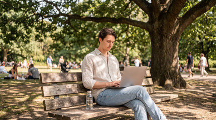 Fototapeta premium Person engaging in remote work on laptop in a serene park setting, blending productivity with relaxation.