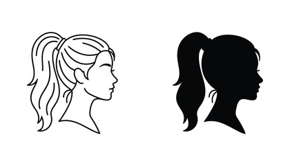 Woman profile portrait with high ponytail hairstyle vector set featuring line art and solid black silhouette icons for beauty salon branding or fashion design elements © Scalable