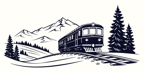 Detailed black and white graphic illustration of a train traveling on a mountain railway pass surrounded by tall pine trees and majestic snowy peaks with locomotive © Mamun