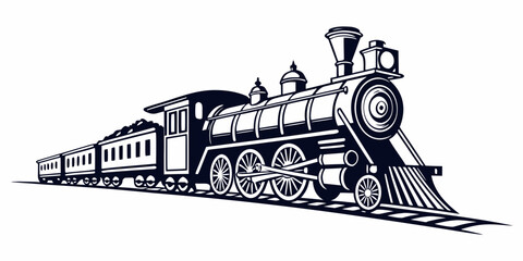Vintage steam train pulling passenger carriages along a railway track graphic art with locomotive passenger carriage transport historical transportation engineering © Mamun