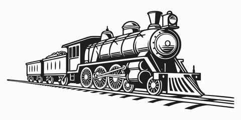 Classic steam locomotive and coal tender on railway tracks monochrome vector illustration with locomotive transport historical machinery engineering transportation © Mamun