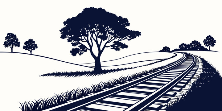 Stylized black and white vector graphic of a railway track curving into the horizon across a minimalist rural landscape with silhouette trees and hills, railroad