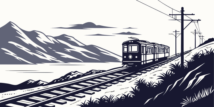 Scenic rail journey along a coastal mountain range with passenger train and power lines mountains landscape transportation outdoors illustration monochromatic