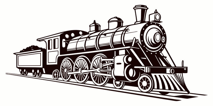 Vintage steam locomotive illustration black and white antique train engine with coal tender on rail tracks retro transportation graphic locomotive transportation