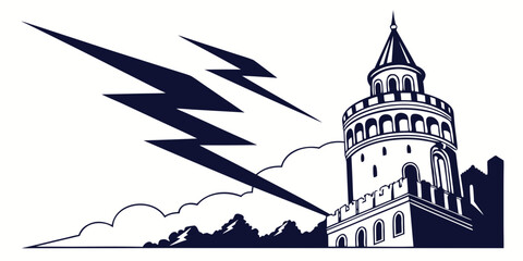Historic stone watchtower silhouette with a stylized lightning bolt graphic background lightning architecture historic building silhouette illustration minimalist © Mamun