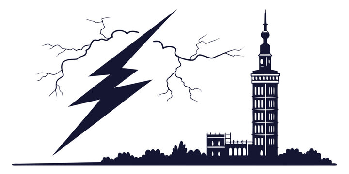 Stylized illustration of an old church building silhouette under a powerful lightning bolt strike in a stormy night sky graphic element with lightning, silhouette