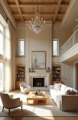 Obraz premium Spacious living room features fireplace, comfortable seating, bookshelves. Elegant chandelier hangs from wooden beamed ceiling. Sunlight streams through large windows illuminating room. Luxury home