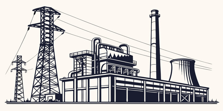 Industrial power plant facility with transmission towers and smoke stack in a black and white graphic design industry transmission electricity infrastructure