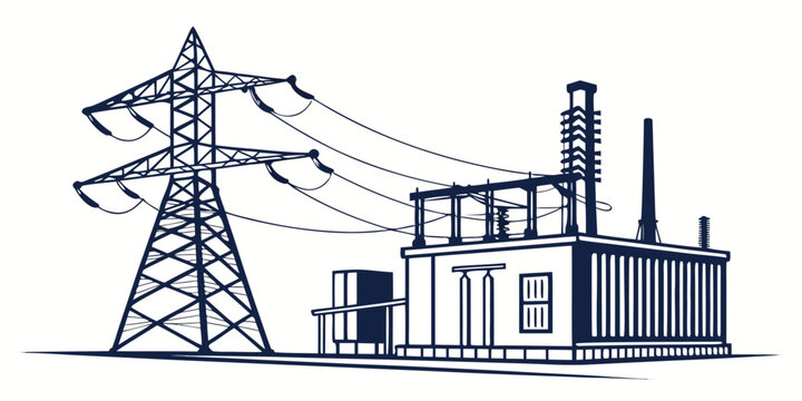 Electrical substation facility with high voltage transmission tower graphic line art illustration substation electricity transmission facility building equipment