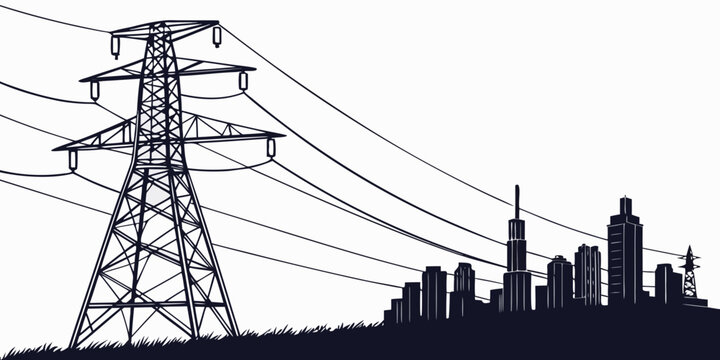 Graphic silhouette of electricity transmission pylon and city skyline buildings with electricity transmission silhouette infrastructure electrical industrial
