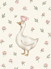 Obraz premium Vintage watercolor woodland nursery art set. Featuring fox, bunny, frog, and silly goose with teacup and kettle. Whimsical wall decor for kids room prints.