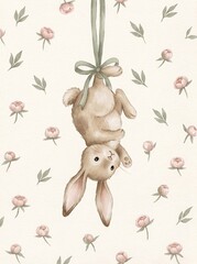 Fototapeta premium Vintage watercolor woodland nursery art set. Featuring fox, bunny, frog, and silly goose with teacup and kettle. Whimsical wall decor for kids room prints.
