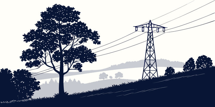 Panoramic landscape graphic featuring a large tree and electrical transmission pylon in the countryside landscape silhouette countryside electricity environment