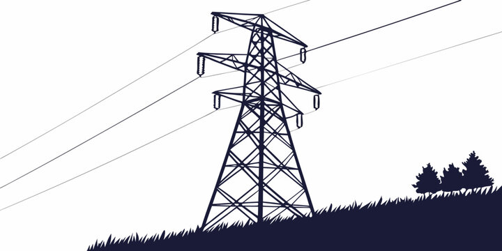 Industrial electric pylon transmission tower in open field landscape with transmission electricity electric infrastructure electrical industry engineering