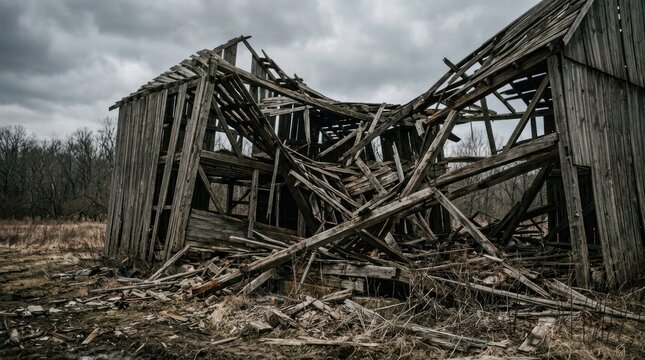 An old, dilapidated wooden barn with a collapsed roof and broken walls, surrounded by a field of dry grass and trees under a cloudy sky.