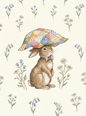 Fototapeta premium Vintage watercolor woodland nursery art bundle. Featuring cute bunny with tea cup, silly goose in bonnet, dancing fox, and hedgehog gardening. Wall decor.