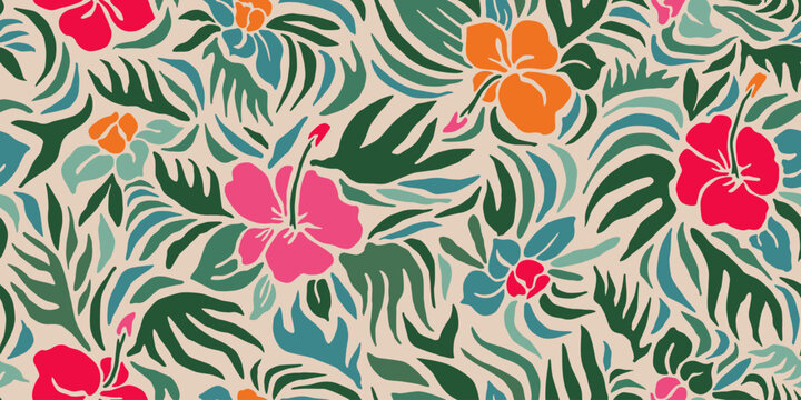 Exotic hand drawn tropical flowers print, seamless summer floral pattern for fabric, textiles, clothing, packaging, cover, banner, home decor, hawaiian backgrounds. Vector illustration.