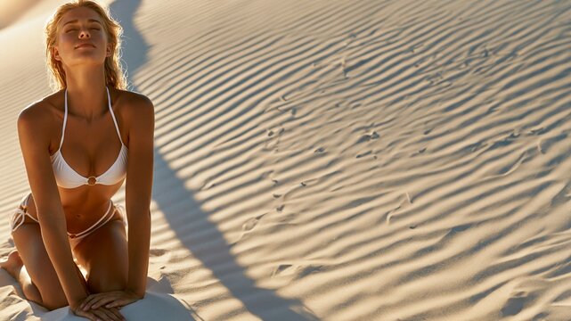 Attraktive blonde Frau im wei&szlig;en Bikini sitzt auf einer Sandd&uuml;ne in der W&uuml;ste und genie&szlig;t das warme Sonnenlicht mit geschlossenen Augen.
