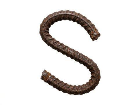 Brown rusted metal rebar bent into the shape of the letter s rusty
