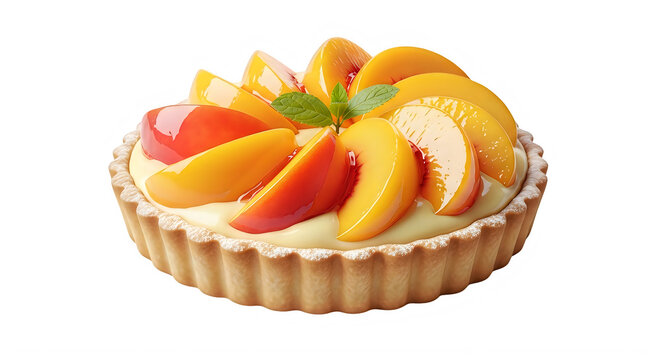 Delicious peach tart with fresh slices and mint on top isolated on white background transparent background