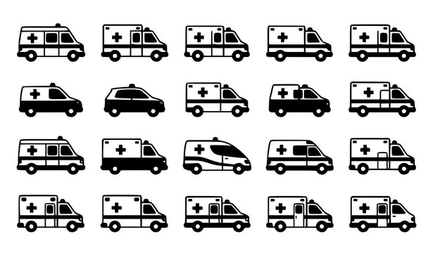 Ambulance Vehicle Icon Set Flat Medical Emergency Car Vector Collection Isolated on White Background