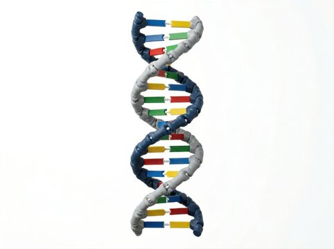 Colorful d n a double helix structure with codons in blue green red yellow genetic sequence nucleotides