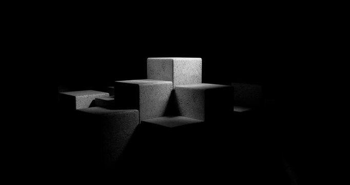 Animation of a minimalist concrete cube moving against a dark background