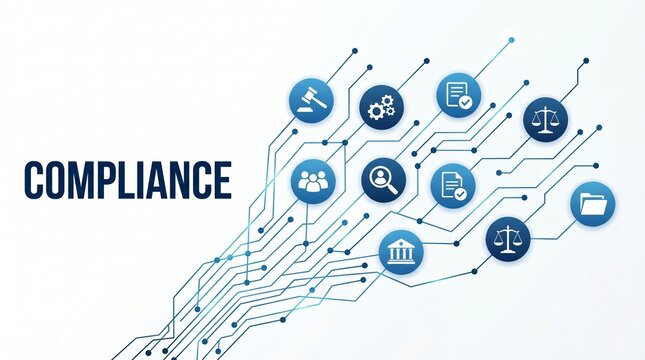 Compliance concept with connected icons representing regulations legal governance and risk management for business and organizational success in a digital network. Compliance, Regulatory, Business